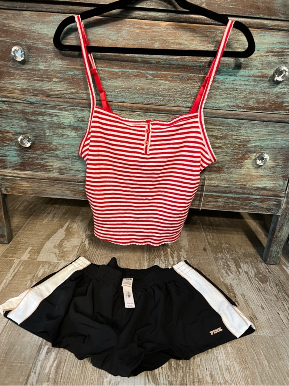 VSPINK 2PC-L-Black TechWoven Retro Short&Bright RedStripe Pointelle Henley Cami!